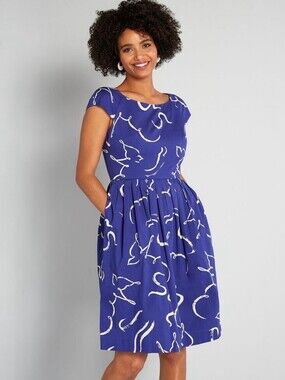 Emily and Fin Modcloth Retro Abstract Fit and Flare Cap Sleeve Dress Size Medium